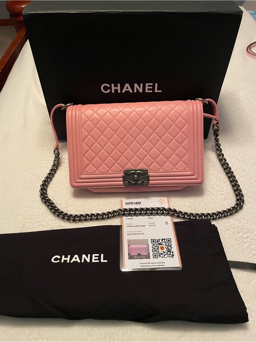 CHANEL Pink Quilted Boy Bag with Gunmetal Chain